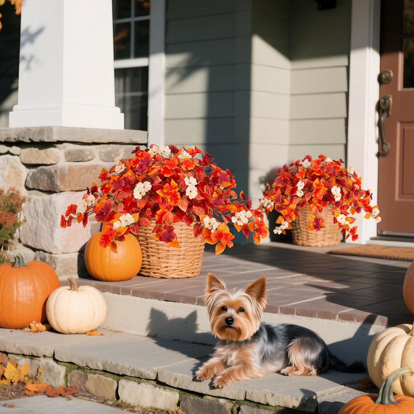 Fake Fall Flowers Artificial for Decoration 2PCS Faux Silk Fall Flowers Plants for Outdoors Outside Planters UV Resistant Looks Real for Front Door Porch Patio Garden Decor