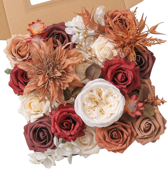 Artificial Flower Box Set Silk Fake Flowers for DIY Wedding Hand Bouquet Flower Arrangement Bouquet Centerpiece Decorations Baby Shower Party Home Decorations (Burgundy)