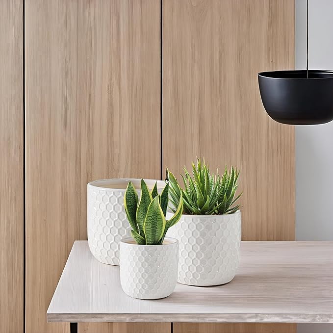Docrin Plant Pots Indoor with Drainage: 6.4+5.3+4 Inch Ceramic Flower Pots for Plants - Set of 3 Modern Decorative Planters for House/Office/Gift - White Honeycomb