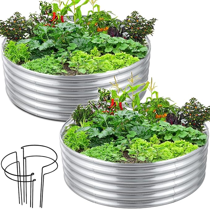 FORTUNO 2 Pack 4 Ft Round Galvanized Raised Garden Bed Kit Box 48 Inches Metal Outdoor Flower Bed Steel Patio Ground Planter for Planting Vegetables and Herb, Silver