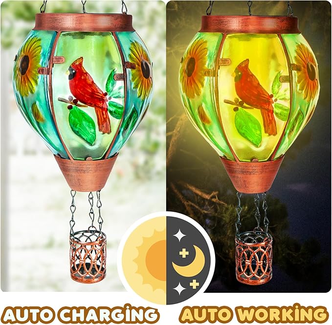 4 Pack Solar Hot Air Balloon Lantern With Flame, Cardinal Glass Solar Hanging Lights Outdoor Yard Patio Farmhouse Decoration, Gifts for Women Grandma Mom