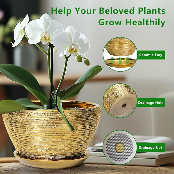 Ceramic Plant Pot Indoor - 9 Inch Planters for Outdoor Plants Decorative Plant Pot with Drainage Hole and Saucer Round Planter Modern Flower Pot Decorative for House Decor Gold