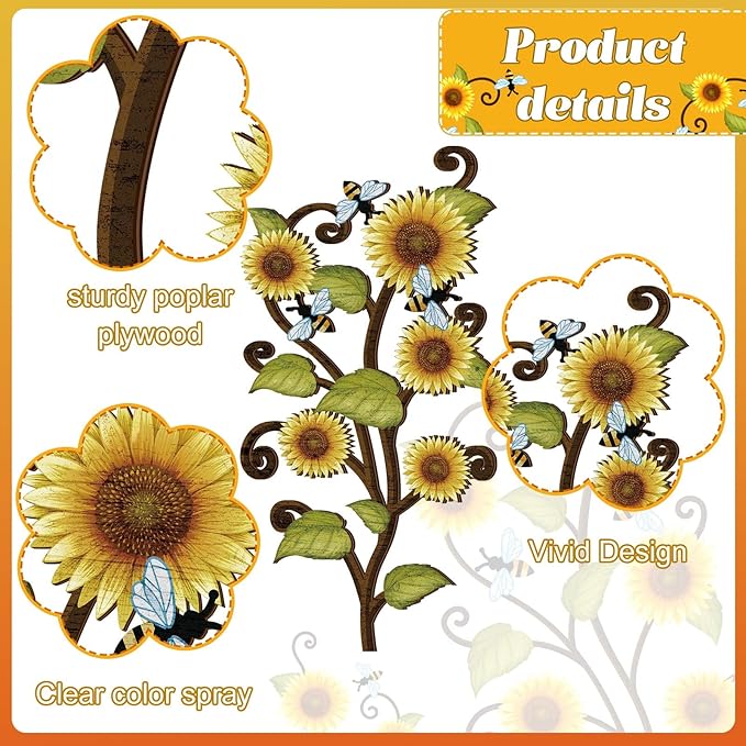 Ferraycle Wooden Sunflower Wall Decor Hanging Sunflower Outdoor Decor Rustic Flower Wall Art Yellow Large Farmhouse Wooden Signs for Indoor Bathroom Porch Patio Bedroom Accessories(with Bees,Wooden)