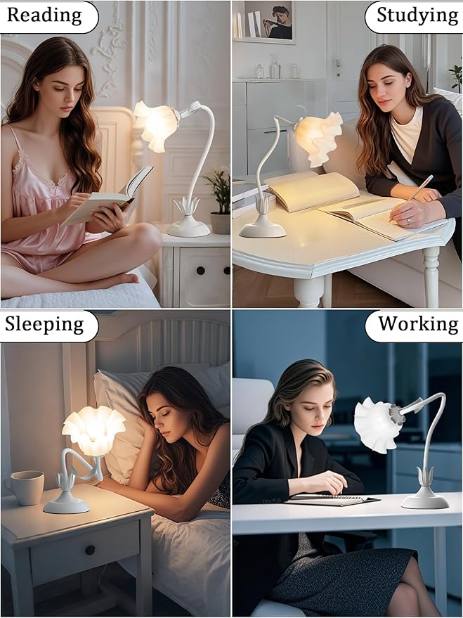 Flower Table Lamp,LED Reading Light Bedside Vintage Flower Night Light,3 Colors Modes Kawaii Bedside Lamps Decor,Living Room Bedroom Room Lighting Table Lamps Home Decoration (White)