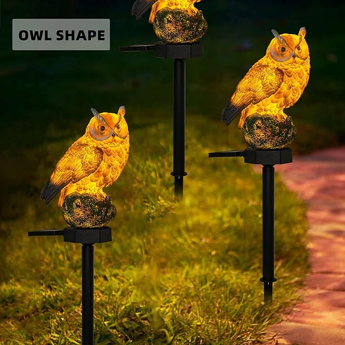 Dazzle Bright Owl Figure Solar LED Lights, Resin Garden Waterproof Decorations with Stake for Outdoor Yard Pathway Outside Patio Lawn Decor to Scare Birds Away, Brown (2 Pack)