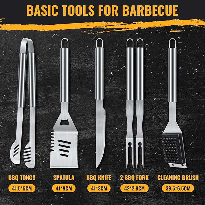 BBQ Grill Tools Set 16-inch Heavy Duty, 6 Pcs- Barbecue Utensils Kit for Camping, Kitchen, Outdoor Cooking,Suitable as a Gift for Men, Fathers, Friends