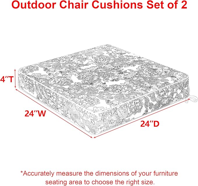 Favoyard Outdoor Chair Cushion 24 x 24 x 4 In Waterproof Pattern Fade Resistant Cushions for Patio Furniture with Removable Cover Attach Straps 28D Foam Insert Cushions Pads for Seat Sofa Couch 2 Pack
