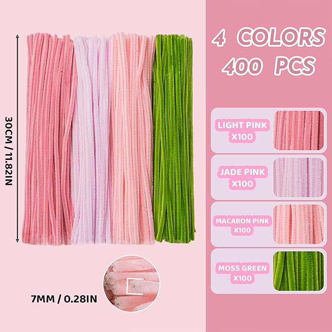 Upgraded 2026 Pipe Cleaners Craft Kit: 400-Piece DIY Flower Making Supplies with Exclusive Color Palette | Includes Chenille Stems, Floral Wire, Gardening Tape, Stamen & Ribbon for Kids Arts & Crafts