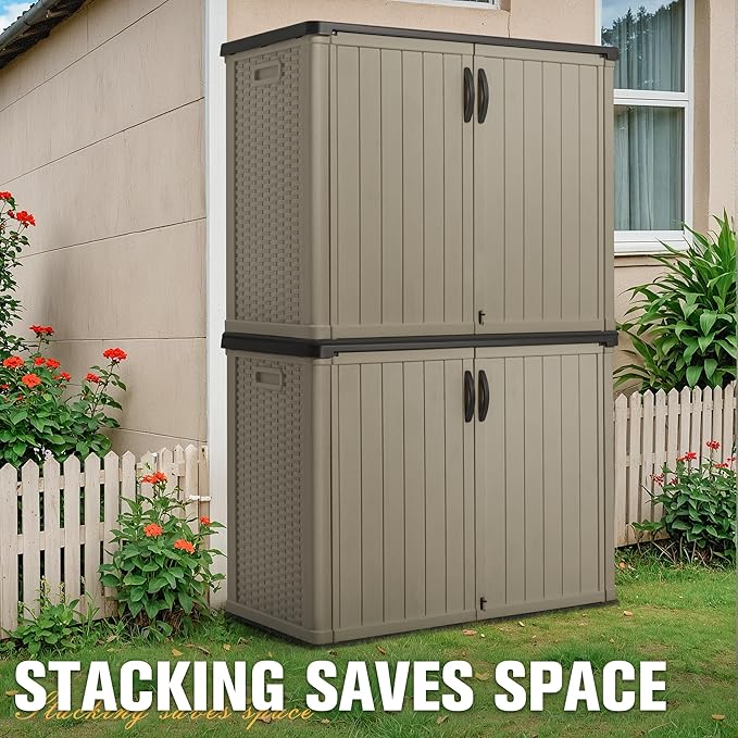 Greesum Outdoor Horizontal Storage Sheds 27 Cu.ft Resin Large Storaged Box Weather Resistance, Without Shelf, Easy to Assemble, Prefect for Garden, Patios, Backyards, Beige