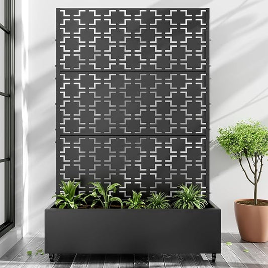 Casaphoria Metal Raised Garden Bed with Trellis and Wheels, 72"x47"x16" Planter Box for Climbing Plants, Vegetables & Vines, Features Drainage Holes and Privacy Screen (Black-Brick)