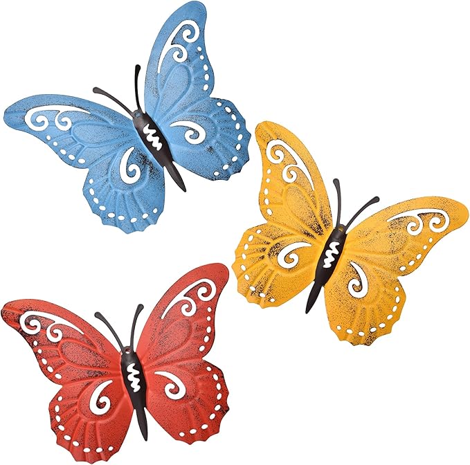 EASICUTI Metal Butterfly Wall Decor Butterfly Wall Art Hanging Sculpture For Indoor Outdoor Home Bathroom Living Room Bedroom Or Porch Patio Fence Yellow Red Blue 3 Pack 9.4" L x 7.5" H