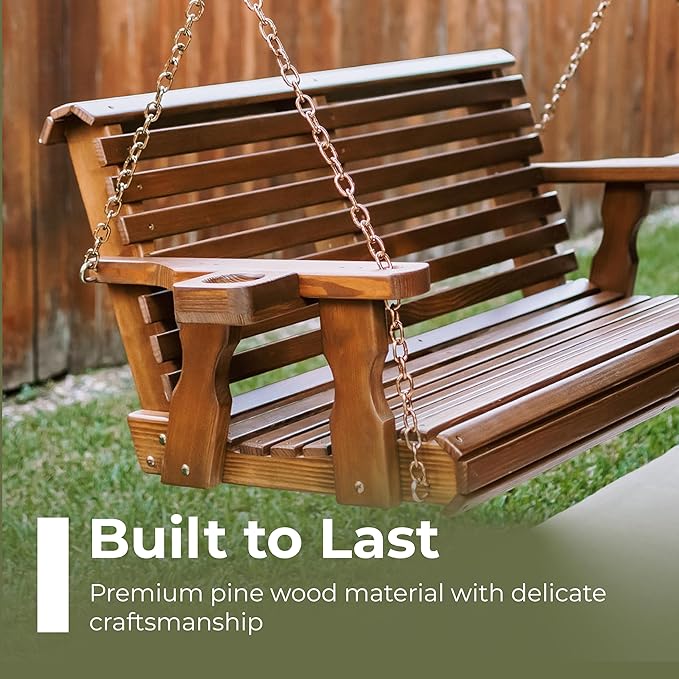 Amish Casual 3 Foot Roll Back Porch Swing with Cup Holders in Dark Walnut Stain - Amish Made in The USA from Treated Pine Heavy Duty 700 Lb. Weight Capacity