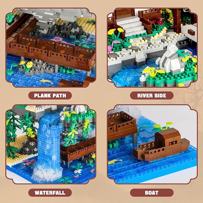 Peach Blossom Pond Micro Mini Building Blocks Set for Adults and Kids, Chinese Architecture Cherry Bonsai Gift Toys with String Lights, Japanese Flowers Tree House Micro Bricks (3320PCS)