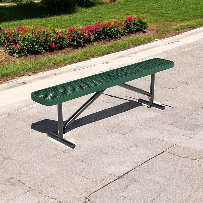 72" L Outdoor Steel Flat Bench, Heavy Duty Metal Park Bench for Outside, Expanded Metal, Commercial Benches Mesh Bench for Shopping Mall, Store, Lawn, Park, Patio, Deck, Garden (Green, 6FT)