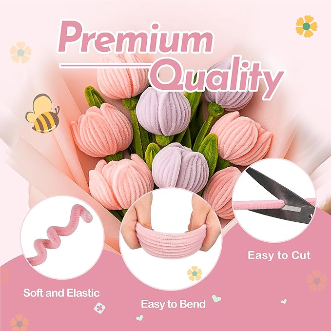 Upgraded 2026 Pipe Cleaners Craft Kit: 400-Piece DIY Flower Making Supplies with Exclusive Color Palette | Includes Chenille Stems, Floral Wire, Gardening Tape, Stamen & Ribbon for Kids Arts & Crafts