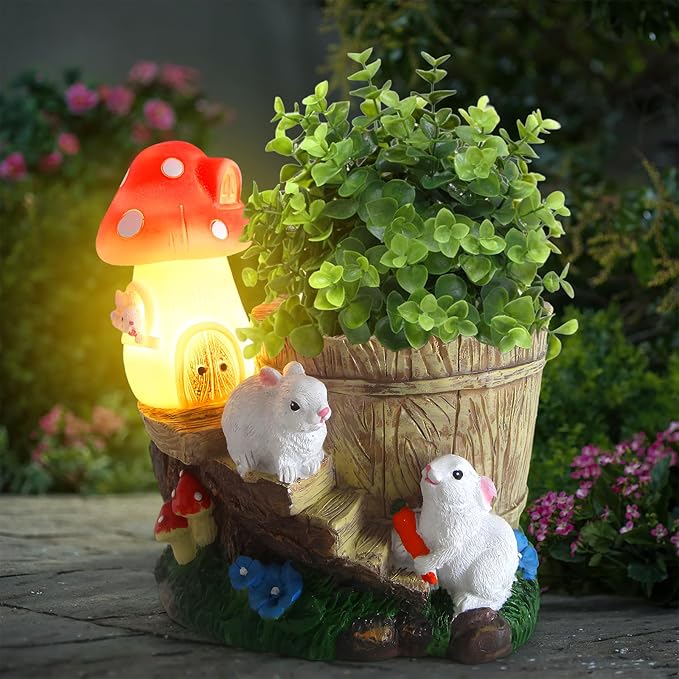 Garden Rabbit Statue,Resin Rabbit Figurine with Solar LED Light,Flower Pots Planters Pots for Succulent,Bunny Statue for Patio Balcony Yard Lawn Decor,Unique Gift for Dad Mom Grandma