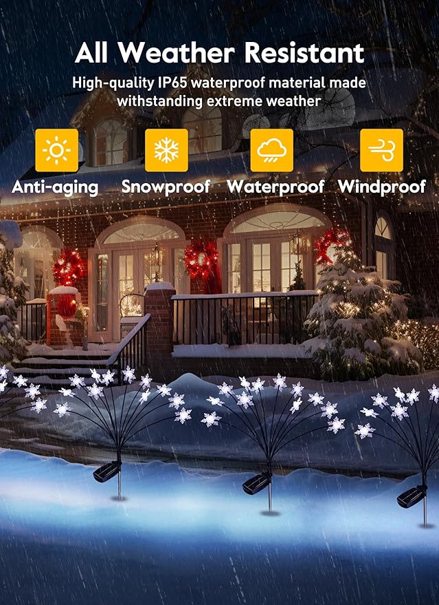 Brightown Christmas Pathway Lights - 4 Pack 48 LED Snowflake Outdoor Lights With 2 Modes, Waterproof Solar Firefly Decoration for Yard, Cool White