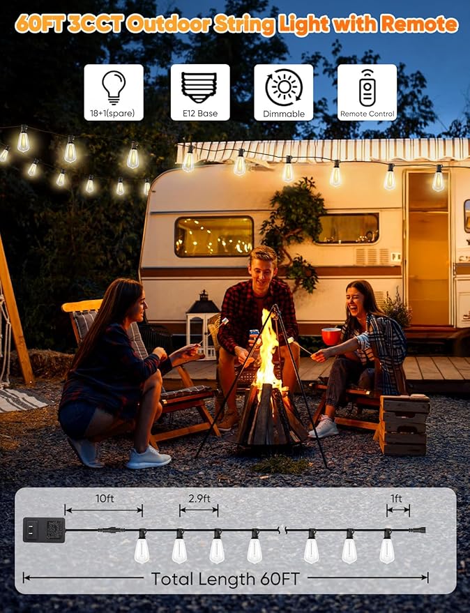 Brightever 60FT Outdoor String Lights with Remote, 3 Color in 1 LED String Lights for Outside with 19 Shatterproof ST38 LED Bulbs, 3 Modes 2 Timer Outside Lighting for Patio, Deck, 2700K/4000K/5000K