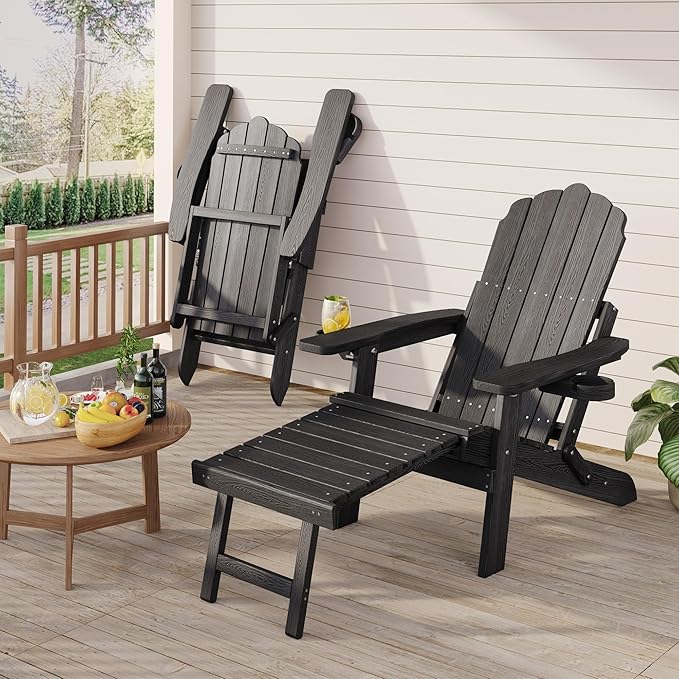 Folding Adirondack Chair with Retractable Ottoman Fire Pit Patio Chair with Adjustable Backrest, 2 Cup Holder Weather Resistant Outdoor, Patio, Lawn, Garden, Backyard Deck, Fire Pit, Black