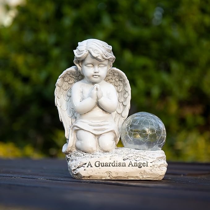 Angel Decor Praying Cherubs Statue Garden Decor, Angel Garden Figurines Outdoor Decoration,Baby Angel Garden Statue with Solar Crackle Glass Globe for Lawn Patio Decorations