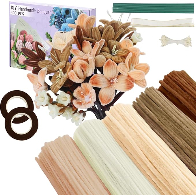 400 Pcs Pipe Cleaners Craft,5 Assorted Colors Pipe Cleaners Bulk, Chenille Stems for DIY Flower Making Kit with Floral Wires, Gardening Tape,Stamen& Ribbon (Brown)