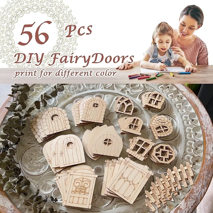 56 Pcs Fairy Door & Window Craft Kit - Wooden Garden Doors, Mini Fences, Unpainted Miniature Accessories for Home Party Event Decor - DIY Fairy House Decorations (Antique)