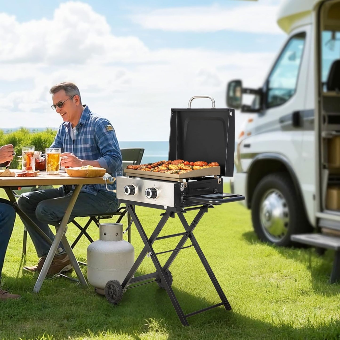 GREEN PARTY 2 Burner BBQ Propane Gas Griddle with Collapsible Stand, 18 Inch Portable Griddle with Side Table & 253 Sq. In. Cooking Area, Flat Top Gas Grill for Outdoor Cooking Garden Patio Backyard
