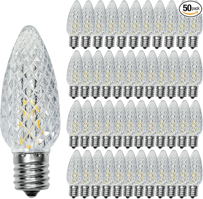 C9 Christmas Replacement LED Light Bulbs, E17 Base Commercial Grade Holiday Bulbs, 4W 5W 6W 7W Incandescent Equivalent, Warm White 2200K, Clear Plastic Bulbs for Christmas String Light - 50 Pack