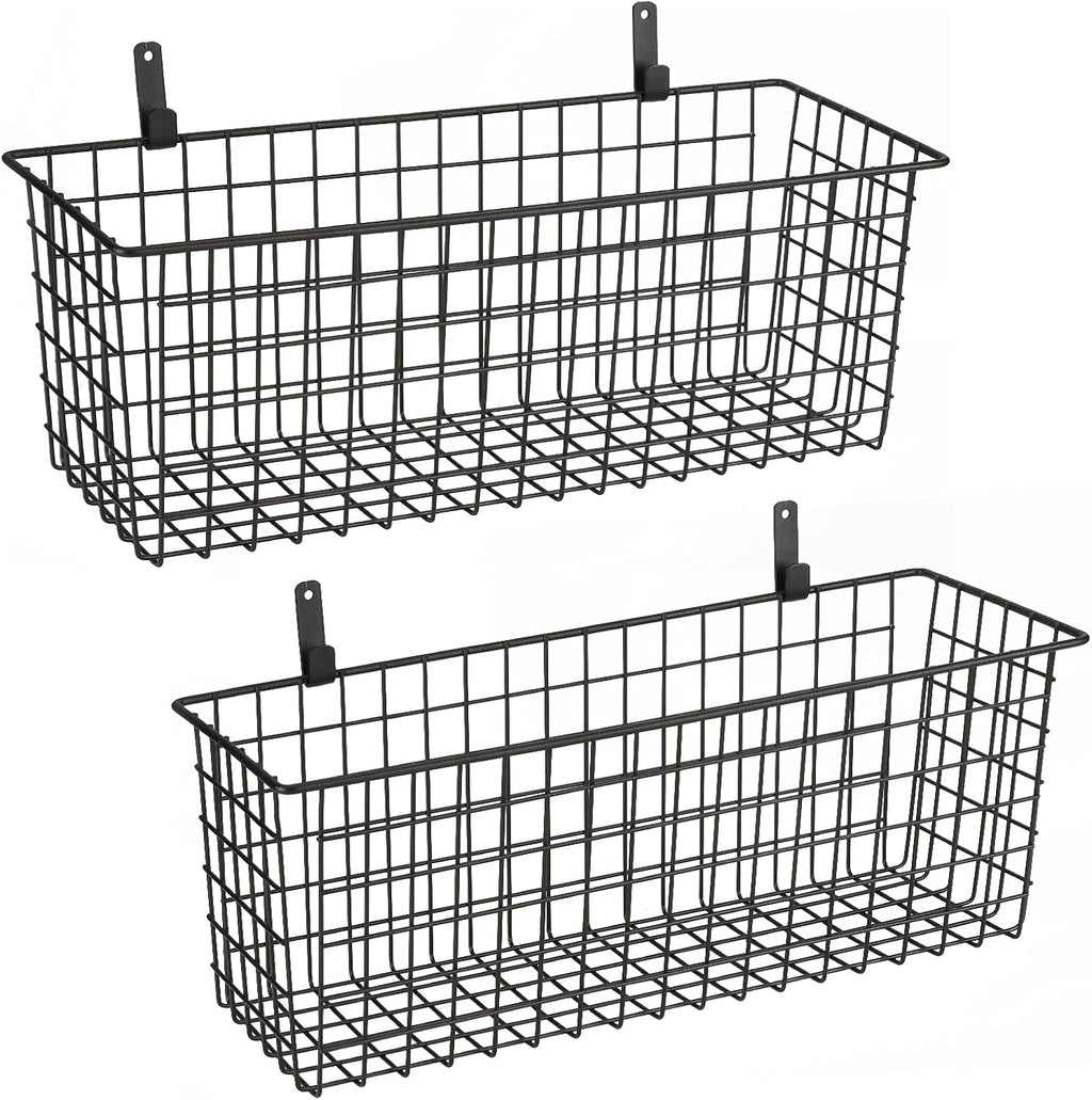 2 Sets Extra Large Hanging Wall Basket, Black Metal Wire Baskets with Steel Hooks for Organizing, WallmountedFruit Vegetable Toy Snack Storage, Home Kitchen Bathroom Laundry Pantry Organizer