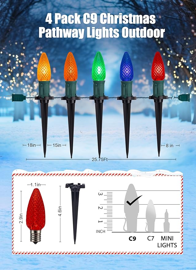 C9 Christmas Pathway Lights Outdoor, 25.7 Feet 20 LED C9 Strawberry Walkway Lights with Marker Stakes, Connectable Shatterproof C9 String Lights for Outside Yard Decorations, Multicolored, 4 Pack