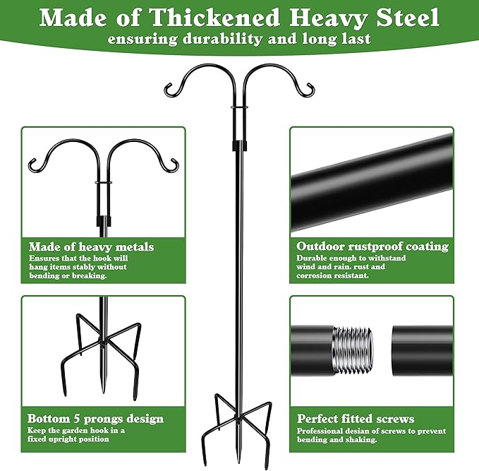 Double Shepherds Hooks for Outdoor (2Pack,76 inch) Heavy Duty Adjustable Bird Feeder Pole Garden Decor Shepherds Hook for Hanging Bird Feeder, Plant Baskets, Hummingbird Feeder for Outside
