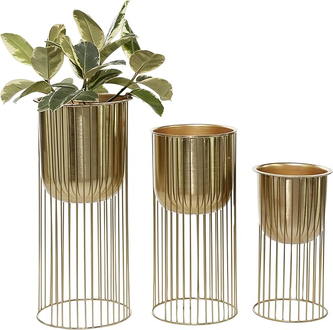 Deco 79 Metal Indoor Outdoor Planter Deep Recessed Dome Large Planter Pot with Elevated Caged Stand, Set of 3 Planters 24", 20", 16"H, Gold