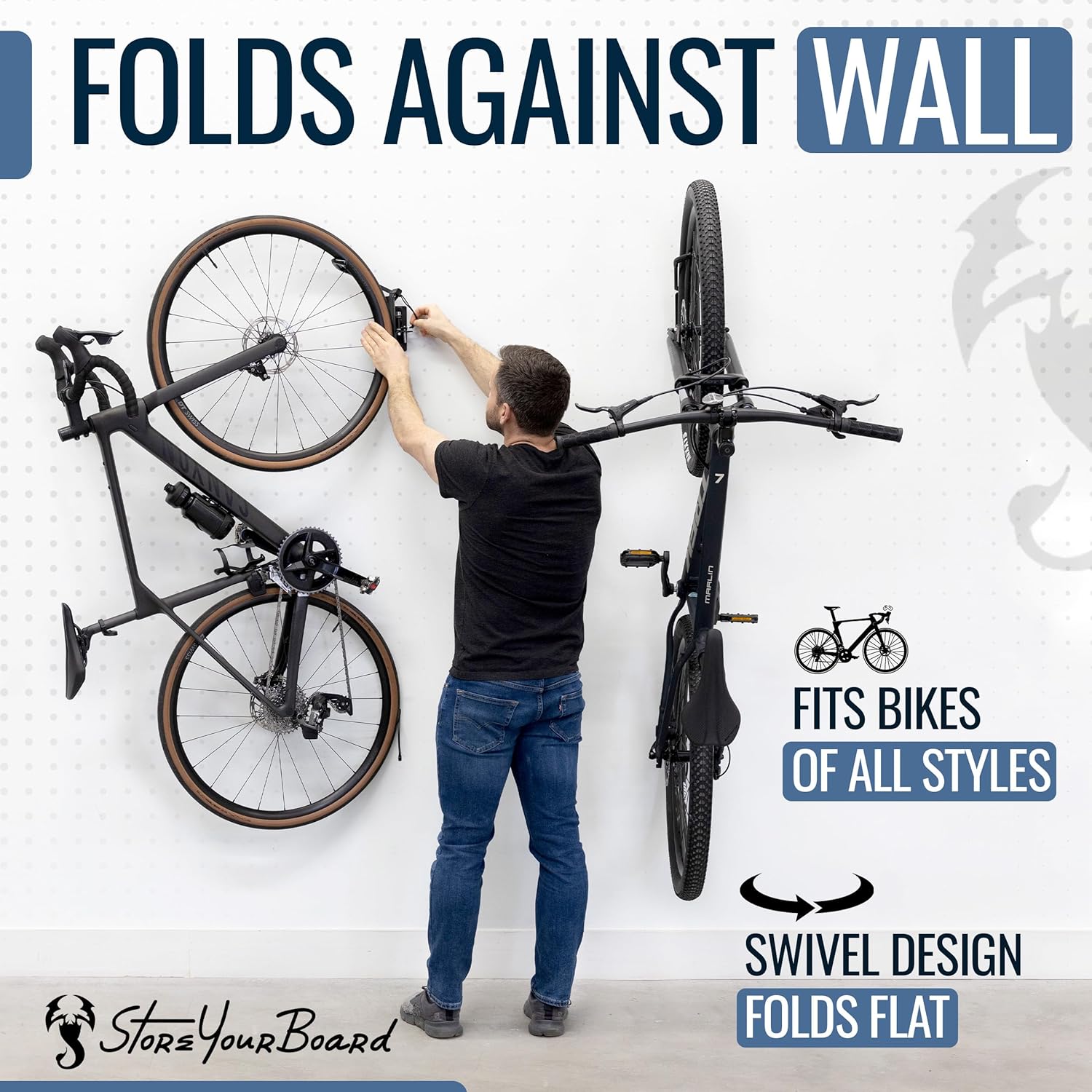 StoreYourBoard Bike Swivel Rack – Wall Mounted Garage Bike Storage, Vertical Hanger with 120° Swing Design & Stopper, Space-Saving Indoor Wall Mount – Fits Kids Bikes, BMX & More