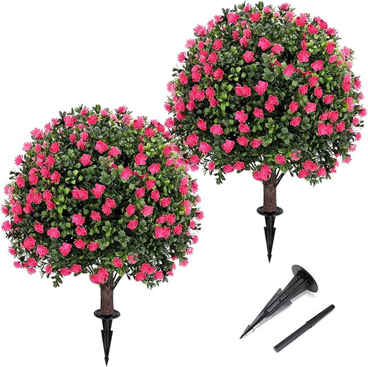 Artificial Pink camellia Topiary Ball Tree 25" with Ground Spike, Set of 2 Artificial Boxwood Bushes for Faux Shrubs, Fake Evergreen Faux Plant for Indoor Outdoor Garden -UV Resistant–Fade-Proof