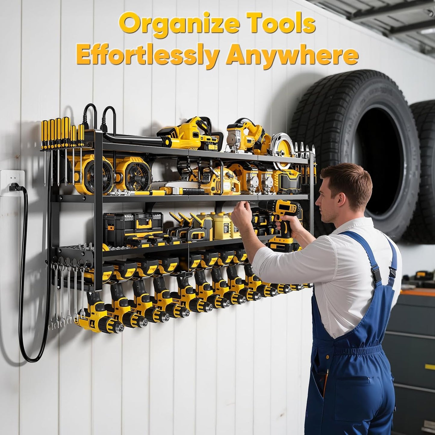 49.5" W Large Power Tool Organizer Wall Mount with Charging Station, 4-Tier Heavy Duty12 Cordless Drills Holder Load 600 lb, Tool Battery Storage Rack Built in 8 Outlet Power Strip for Garage