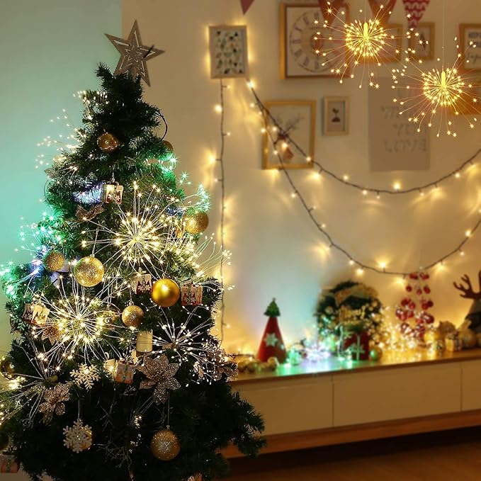 FOOING 6 Pack Firework Lights led Copper Wire Starbursts String Lights 8 Modes Battery Operated Fairy Lights with Remote,Decorative Hanging Lights for Party Patio Bedroom Christmas Decoration