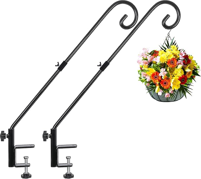 FEED GARDEN 31 Inch Heavy Duty Deck Hook for Railing 2 Pack, Non-Slip Clamp, 360 Degree Swivel, for Hanging Bird Feeders, Plants, Lanterns, Suet Baskets, Wind Chimes, Black