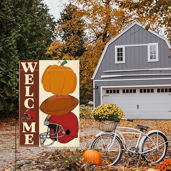 Fall Welcome Garden Flag Autumn Pumpkin Football Garden Flag 12x18 inch Double Sided Fall Thanksgiving Flags for Yard Outdoor Front Door (Flay 1803)