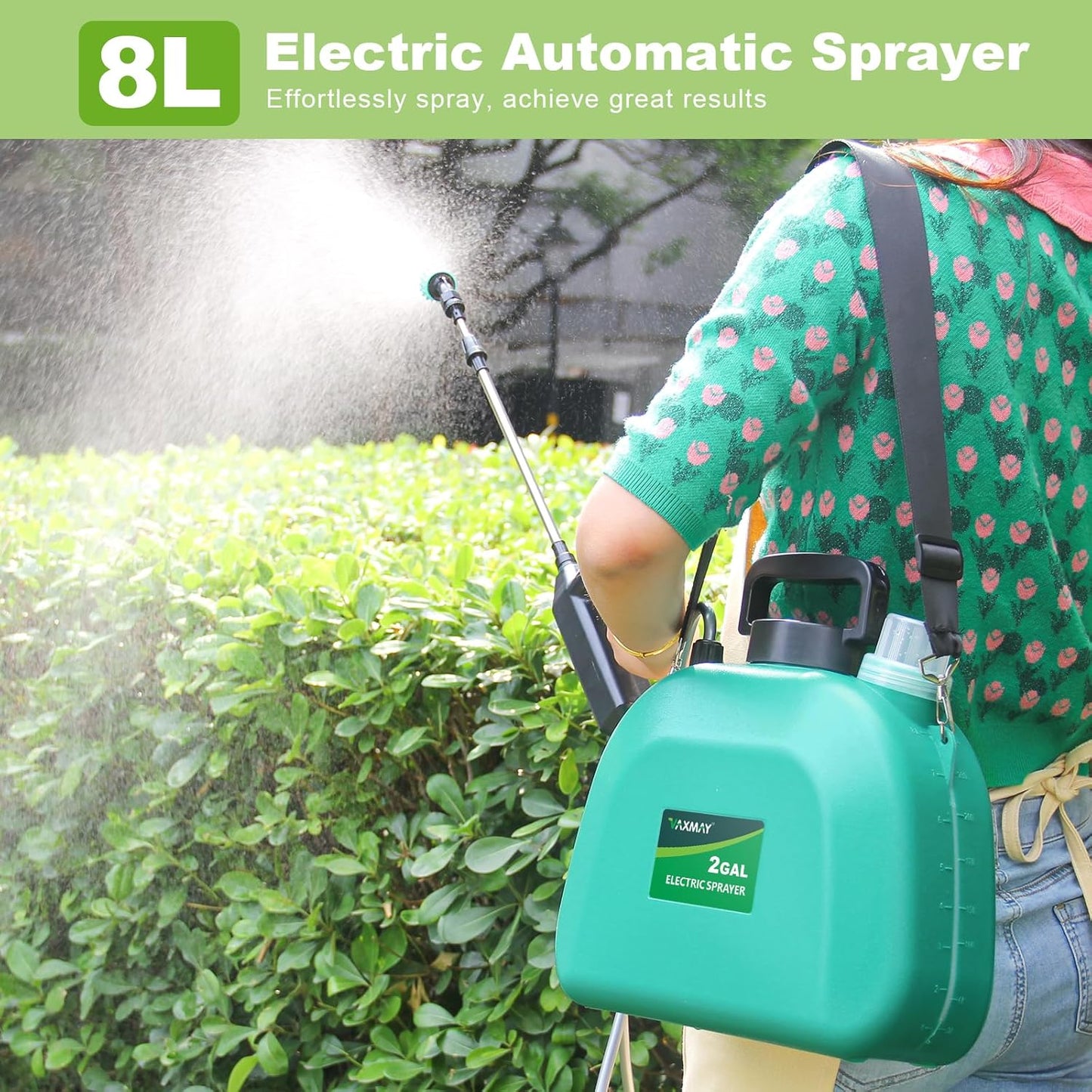 Battery Powered Sprayer 2 Gallon, Upgrade Powerful Electric Garden Sprayer with 3 Mist Nozzles, Rechargeable Handle, Retractable Wand, Adjustable Shoulder Strap for Lawn,Garden,Cleaning
