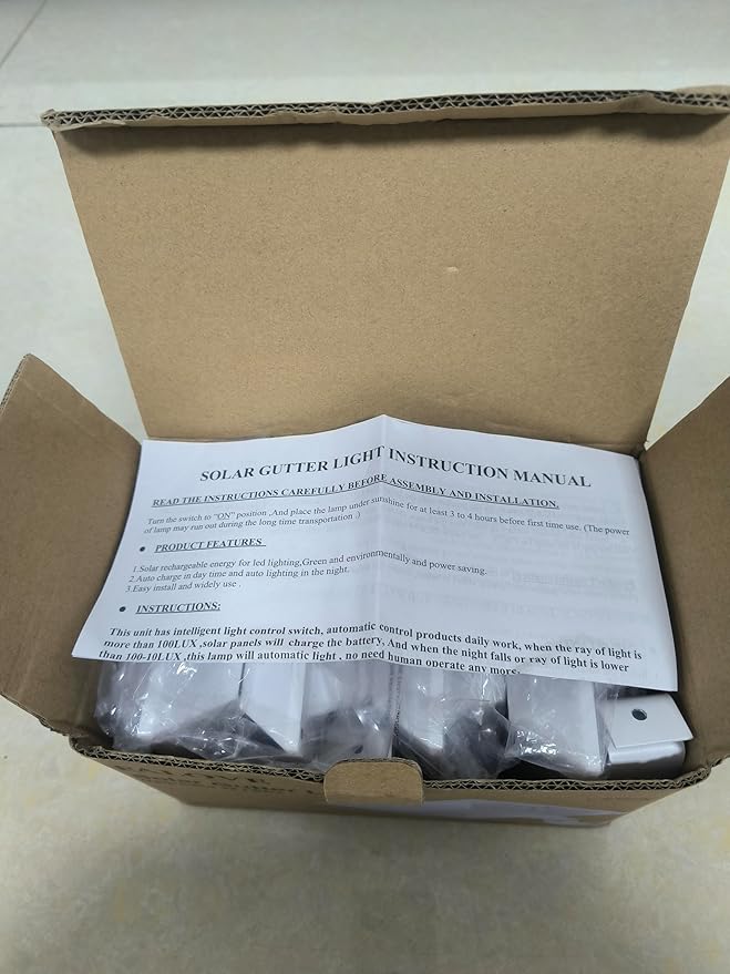 4 Pack White Solar Powered Gutter Lights Outdoor Decorative Waterproof 12 LEDs Yard Lamp for Lighting Fence, Railing, Outside Wall, Deck, Garden, Path, Backyard, Walkway, Patio, Holeless Installation