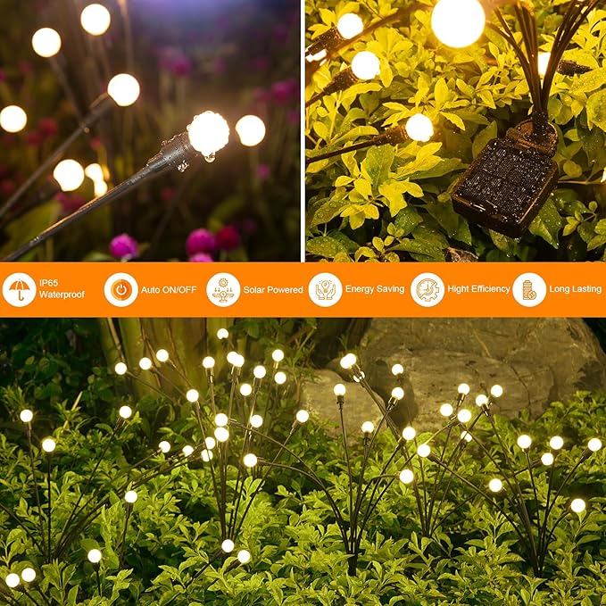 ASMAD Solar Garden Lights (2-Pack, 16 LEDs), Decorative Swaying Lights with Firefly Effect for Patio, Pathway & Outdoor Decor