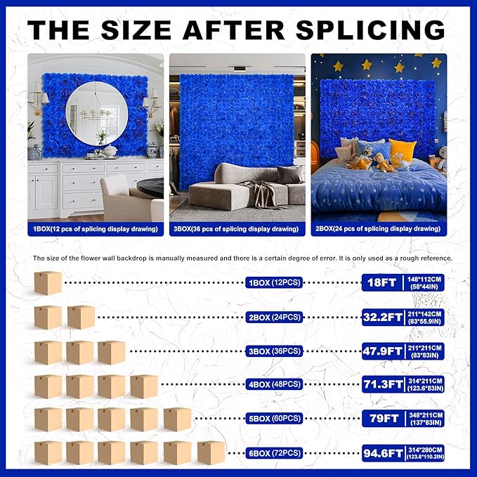 Flower Wall Backdrop 12 pcs 16.5x16.5 Inch Floral Wall Panel Artificial Silk Rose Wall Decor Ideal for Wedding Celebrations, Festive Party Backdrops, and Home Decor-Bright Blue