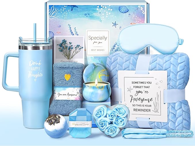 Birthday Gifts for Women, Self Care Get Well Soon Gifts, Ocean Relaxing Spa Gift Basket w/ Luxury Flannel Blanket & 40 oz Tumbler, Thinking of You Gifts, Christmas Gift for Mom Wife Sister Friend