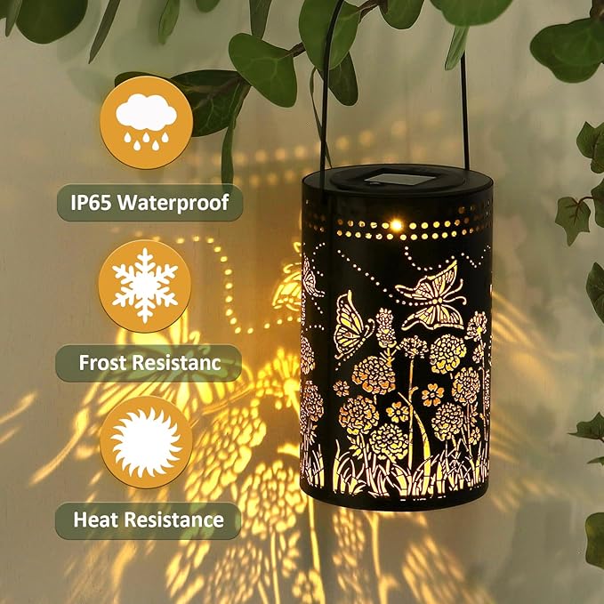 Butterfly Solar Lanterns Outdoor Waterproof, Metal Hanging Lantern for Yard, Patio, Backyard, Porch – Birthday Gifts for Women, Mom, Grandma, Butterfly Garden Decor for Lawn, Pathway, Landscape