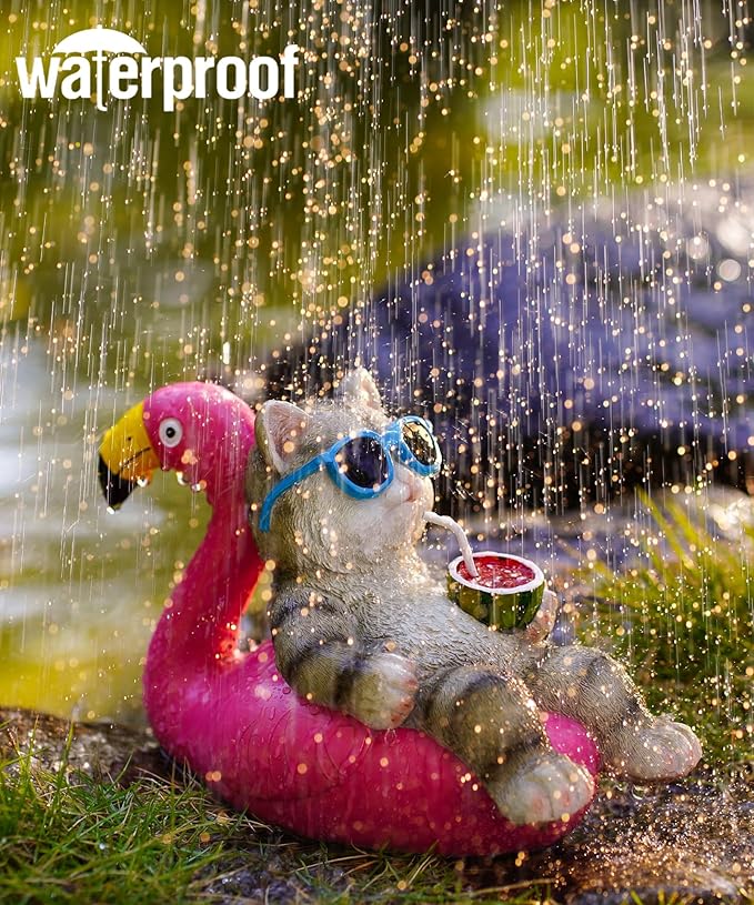 Cat Lying Flamingo Solar Statue: Outdoor Sculptures Clearance for Lawn Porch Patio Balcony Yard - Gifts for Mom Women