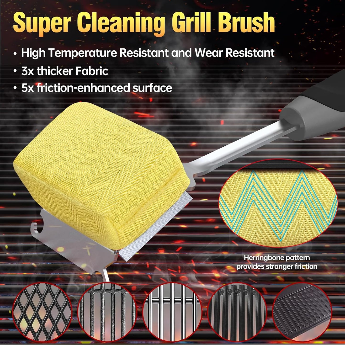 Grill Cleaning Brush Bristle Free for Outdoor Grill Brush Extended Handle for Cast Iron Stainless-Steel Grates, Replaceable BBQ Cleaner Brush Head, Steam Safe Grill Brush with Scraper, Black