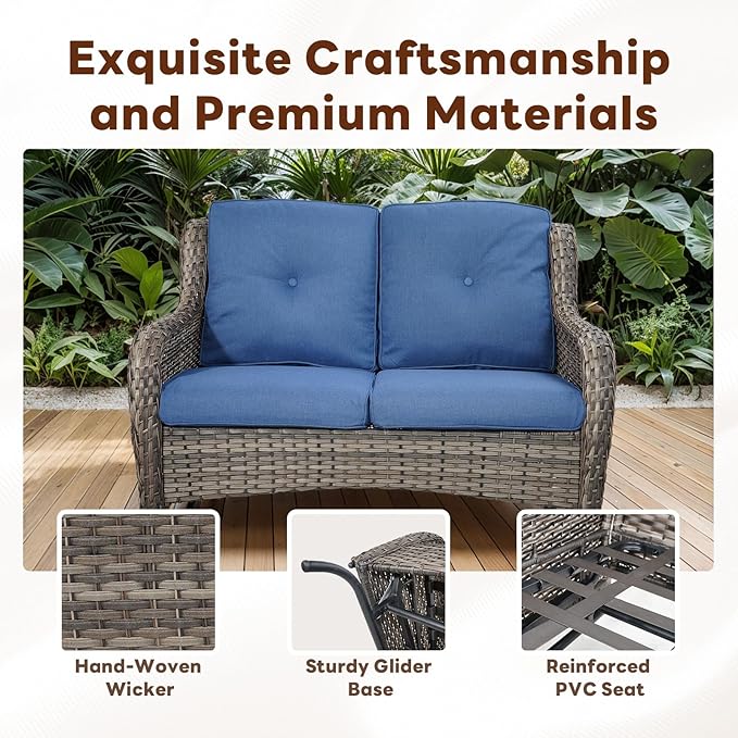 8 Piece Outdoor Patio Furniture Set - 41" CSA Propane Fire Pit Table Patio Conversation Set with Swivel Rocker Outdoor Chairs, Wicker loveseat and Ottoman for Outside Casual Gathering