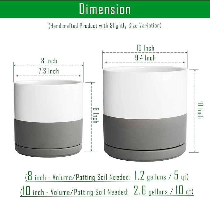 D'vine Dev 8 Inch & 10 Inch Ceramic Planter Pot for Plants with Drainage Hole and Saucer, Large Plant Pots Set, White/Speckled Grey, 94-G-L-6