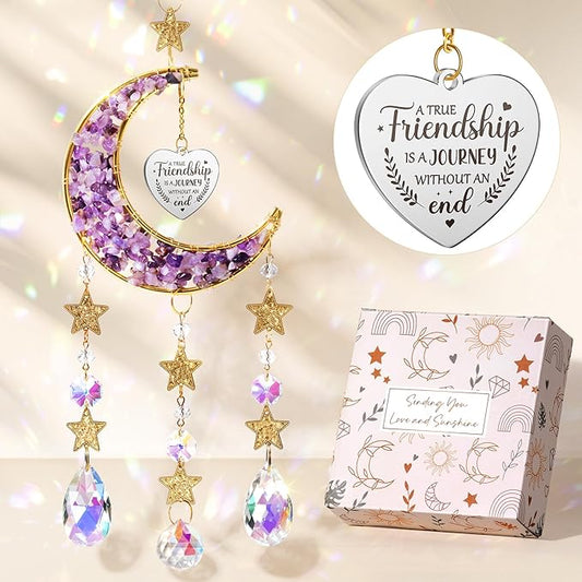Best Friend Birthday Gifts for Women Unique, for Friends Female, Long Distance Friendship Gifts for Women BFF Bestie Sister Gifts, Moon Crystal Suncatcher for Window Hanging Decor