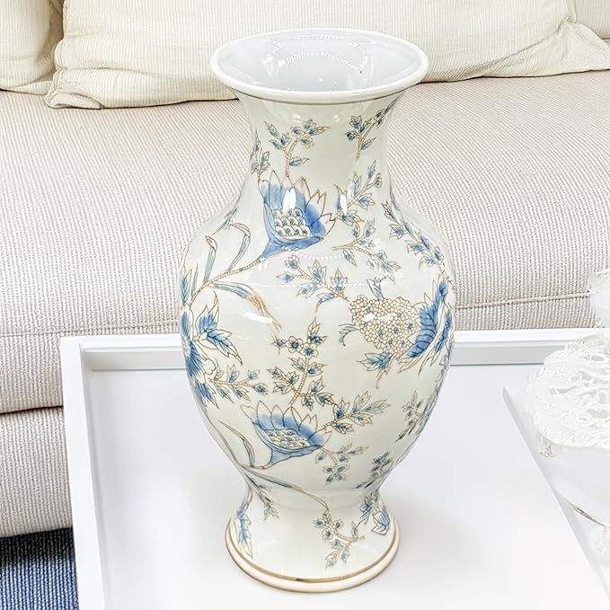 Galt International White & Blue Floral Chinoiserie Ceramic Vase 14" - Hand Painted Antique Style Porcelain Flower Bottle Fishtail Porcelain Chinese Vase for Home Decor Centerpiece